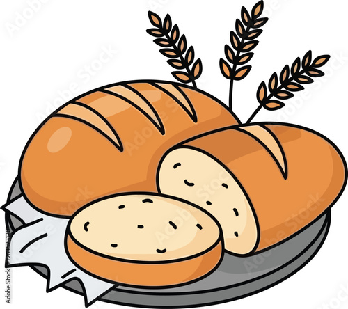 Fresh baked cartoon bread loaves illustration with wheat stalks on plate with sliced bread