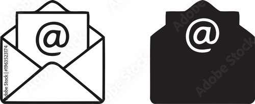 Email and newsletter icon set featuring open envelope with at symbol in line art and black silhouette vector styles.