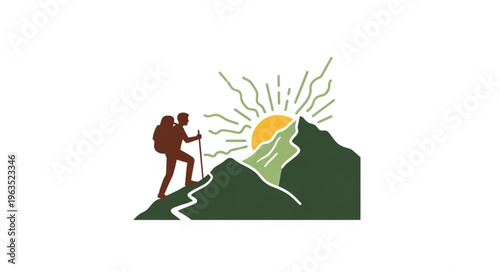 Silhouette of a hiker climbing a mountain towards a rising sun.