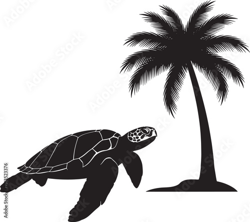 Black silhouette of a sea turtle swimming near a palm tree black and white desi