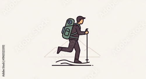 Illustration of a hiker trekking with a backpack and poles.
