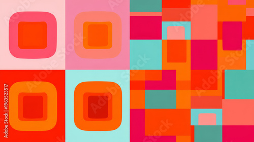Pattern of four colorful squares in coral pink, orange and turquoise tones forming a seamless geometric background design