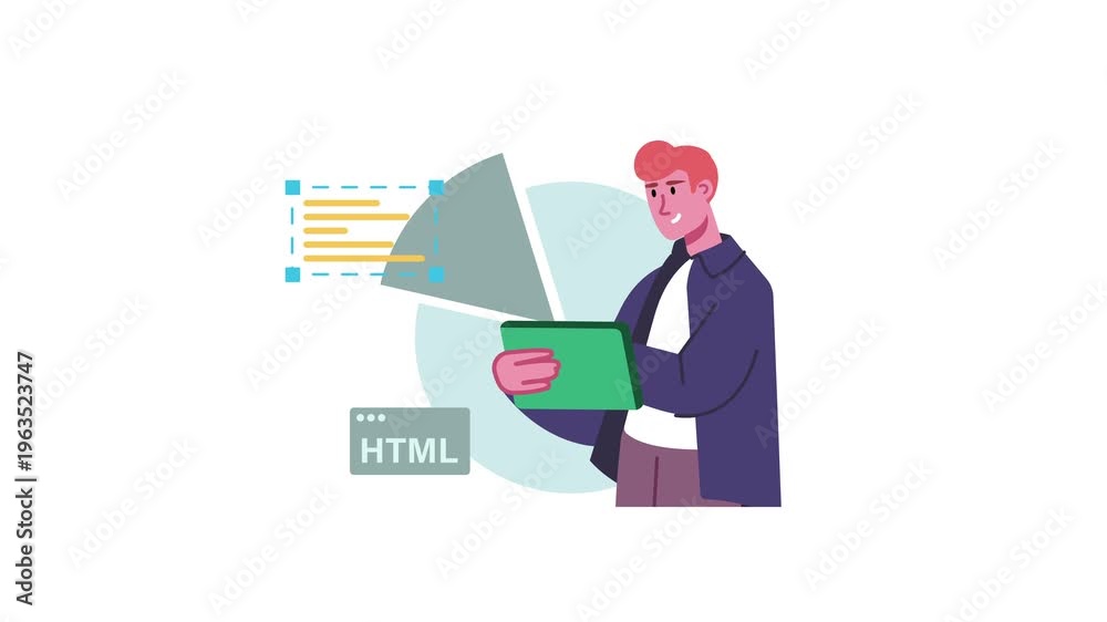 Animated web developer holding tablet with HTML code and data chart ...