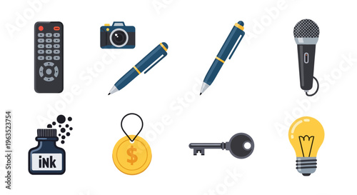 Diverse Business Objects Composition Vector Illustration Remote Camera Pens Microphone Inkwell Gold Coin Key Lightbulb and more