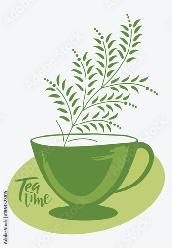 Tea Time Illustration with Green Cup and Botanical Steam