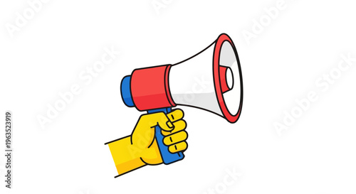 Cartoon Hand Holding Megaphone for Announcement Public Speaking News Attention Communication Message Promotion Promotion Advertising Red White