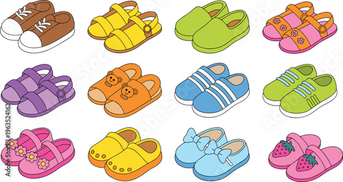 Kids shoes set with sneakers, sandals and cute cartoon footwear, colorful children shoe collection isolated for fashion, retail, e commerce and design