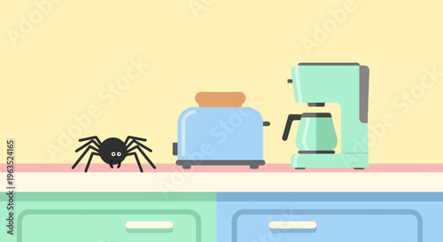 Cute Spider Investigates the Breakfast Counter Toaster and Coffee Maker Await in a Kitchen Cartoon Style Scene with Simple Shapes and Soft Colors