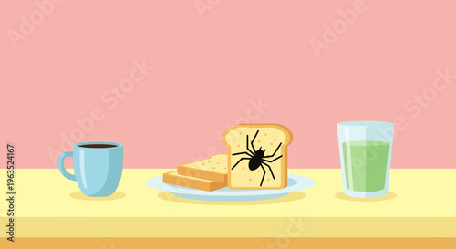 Problem at Breakfast A Shocking Surprise of an Insect on Toast Next to Green Juice and Coffee in the Morning Food Safety Concern Concept