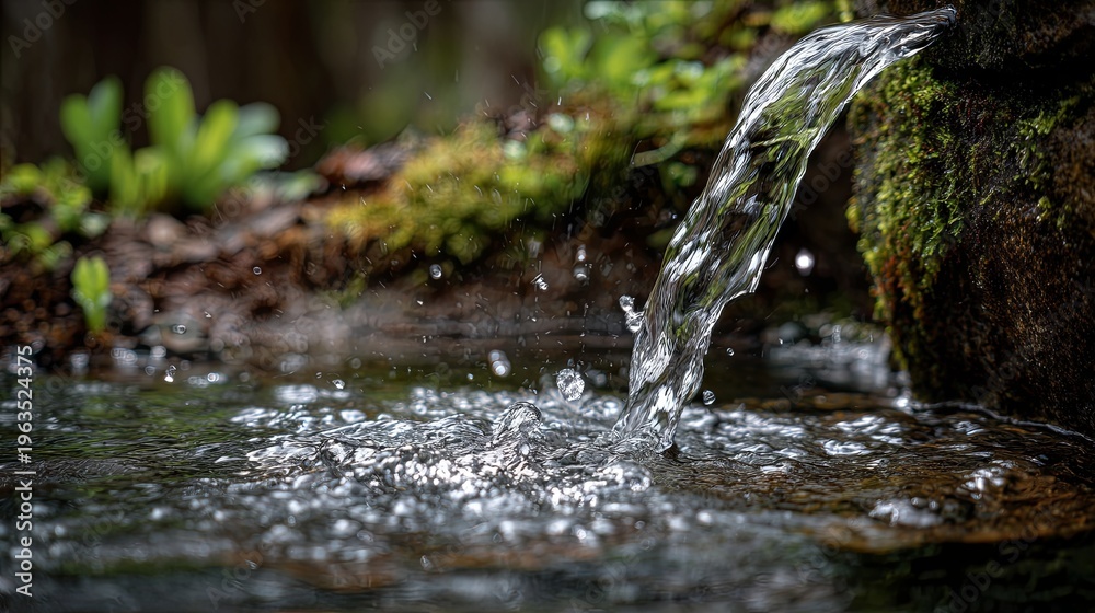 Fototapeta premium A close-up view of a clear stream flowing through a forest in spring, with fresh water emerging from the source 