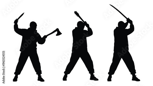 Silhouettes of three warriors with swords and an axe