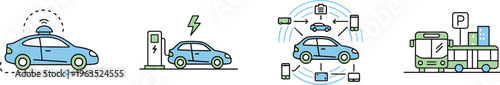Smart mobility and electric transport vector icon set featuring autonomous vehicles EV charging stations connected cars and public transit.