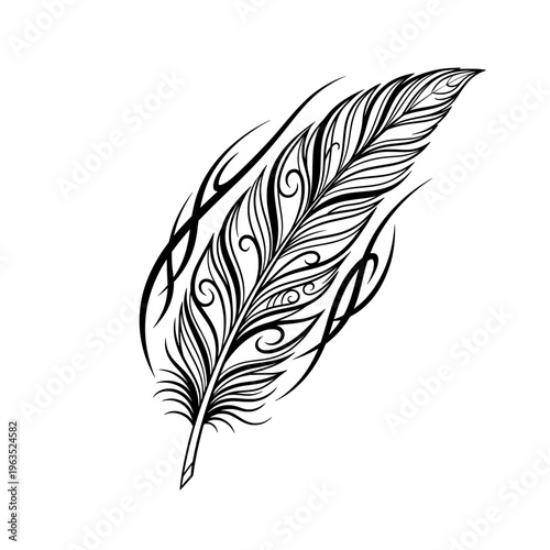 Vintage black ink quill and bird plume sketch set, featuring a nature-inspired wing feather illustration isolated on a white background as a decorative vector art sign