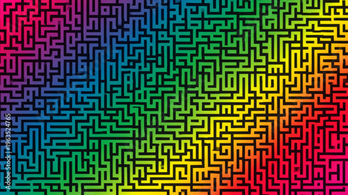 Rainbow maze seamless pattern with vibrant flowing colors forming an abstract geometric background