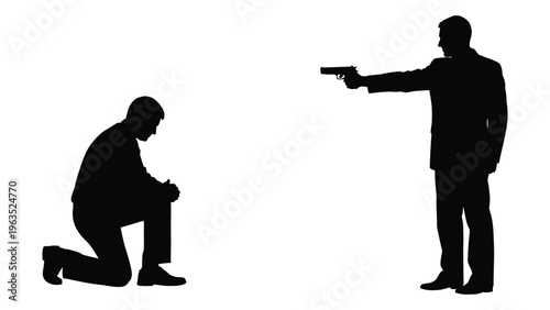 Silhouette of a man pointing a gun at another kneeling