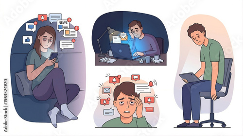Digital Fatigue and Information Overload Concept People Stressed by Notifications Vector