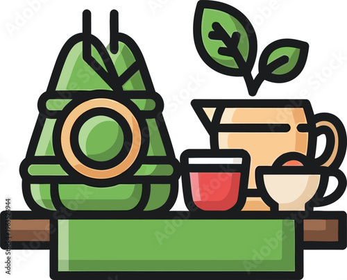 Asian tea ceremony elements with teapot, cups, and traditional food vector illustration