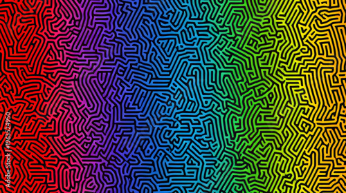 Rainbow maze seamless pattern with vibrant flowing colors forming an abstract geometric background