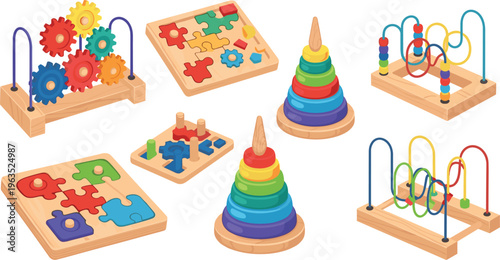 Colorful Wooden Educational Toys Set Featuring Puzzles, Stacking Rings, and Bead Mazes for Kids' Early Learning and Development