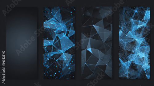 Set of geometric brochures with polygonal layouts, blue linear patterns on dark background, modern 3d style vector illustration