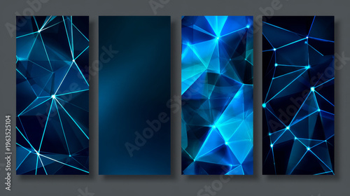 Set of geometric brochures with polygonal layouts, blue linear patterns on dark background, modern 3d style vector illustration