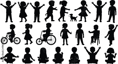 Kids silhouette collection featuring children playing, walking, cycling, sitting and interacting poses, black vector set isolated for childhood, activity, lifestyle and education design
