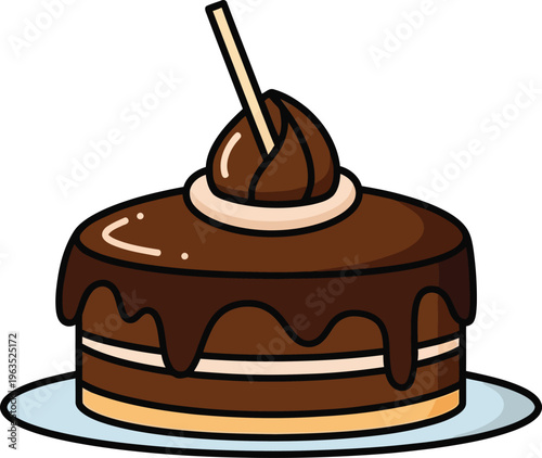 Rich chocolate cake icon with drizzled frosting and topping, delicious dessert, sweet pastry