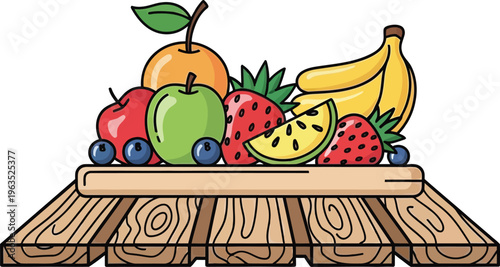 Fresh organic fruit selection on wooden plank - healthy eating & market produce icon