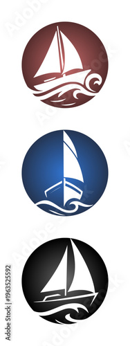 vector set stylized silhouette of sailboat on the ocean wave