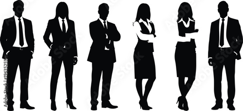 Business people silhouettes in formal wear standing together, corporate professionals team concept, office workers group isolated on white background