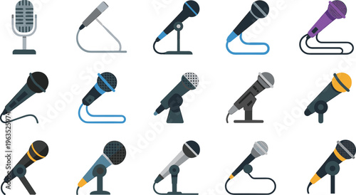 Microphone icons set with handheld, studio and stand mics, flat cartoon audio equipment collection for podcast, music, broadcast and recording design