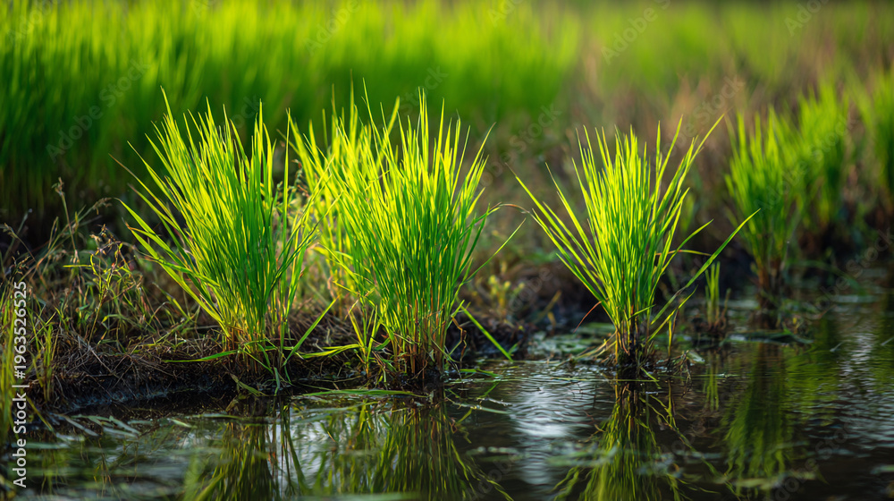 Fototapeta premium Young green rice plants growing in a flooded paddy field at sunrise