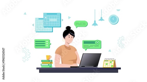 Animated flat illustration of woman working on laptop with schedule icons