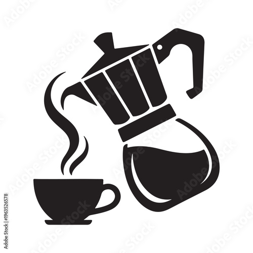 Moka Pot Pouring Coffee into Cup Icon – Italian Coffee Maker Silhouette Vector