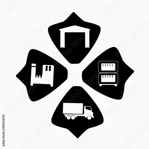 A black and white vector graphic illustrating logistics and transportation services with a stylized flower design