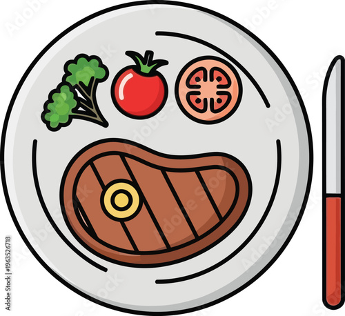 Delicious grilled steak dinner plate with vegetables and knife icon vector with cartoon icon