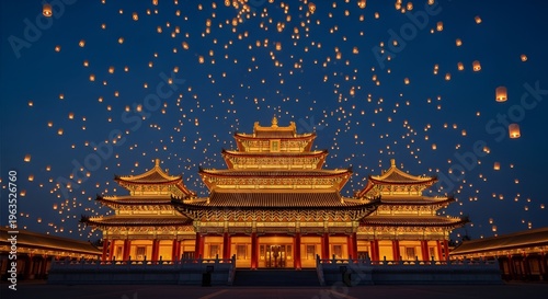 Golden Buddhist temple at night with thousands of glowing sky la