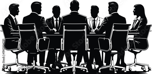 Silhouette of diverse business team seated around conference table engaged in corporate meeting, teamwork, collaboration, leadership, and decision‑making