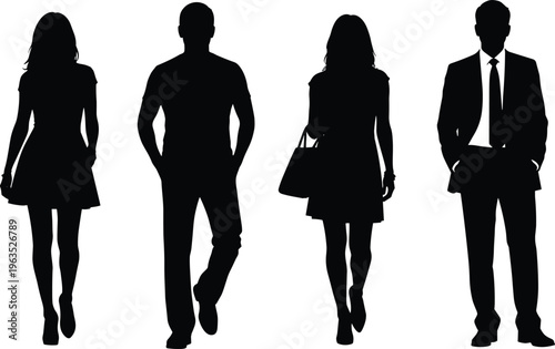 Silhouette of diverse people in casual and formal attire walking and standing symbolizing fashion, lifestyle, posture, and individuality