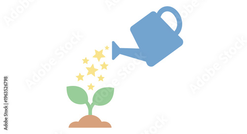 Watering Can Nourishing Young Green Plant.