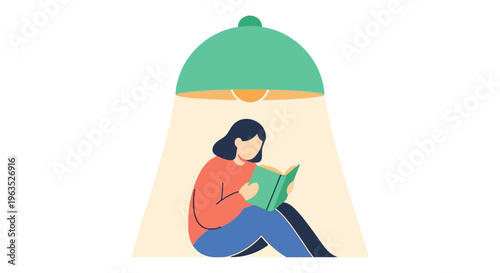 Woman Sitting Under Lamp Reading Book.