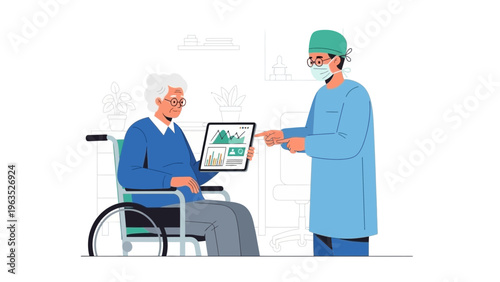 Healthcare professional presenting medical data to elderly patient in wheelchair