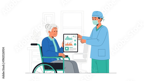Healthcare professional presenting medical data to elderly patient in wheelchair