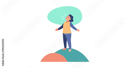 Woman Standing on Hill with Thought Bubble.
