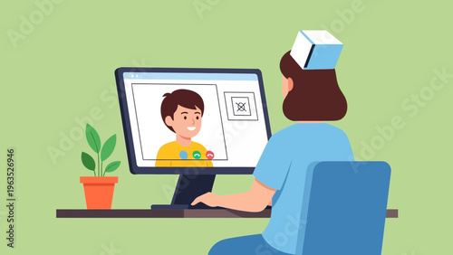 Nurse video conferencing with patient on computer, telemedicine concept