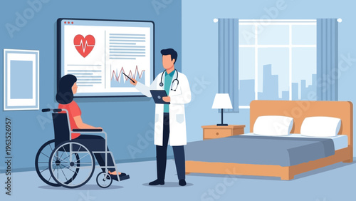 doctor and patient in hospital room discussing medical chart on screen