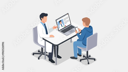 doctor and patient in telemedicine consultation with laptop