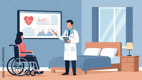 doctor explaining medical data to patient in hospital room