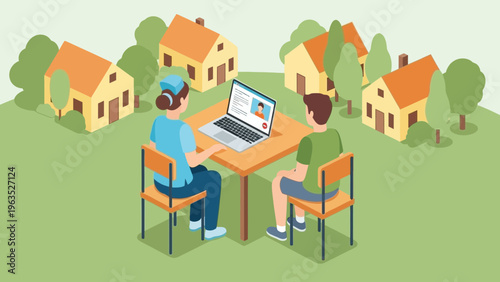 online learning, two students using laptop in outdoor setting