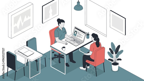 business meeting with woman on laptop and colleague in modern office